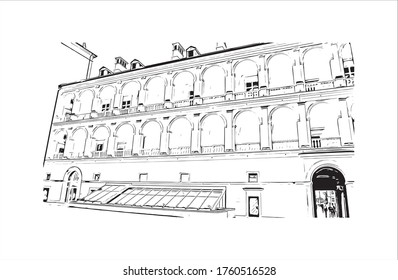 Building view with landmark of Vilnius, Lithuania’s capital, is known for its baroque architecture, seen especially in its medieval Old Town. Hand drawn sketch illustration in vector.