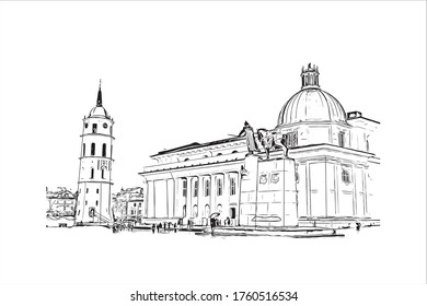 Building view with landmark of Vilnius, Lithuania’s capital, is known for its baroque architecture, seen especially in its medieval Old Town. Hand drawn sketch illustration in vector.