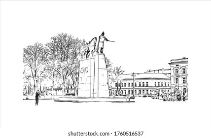 Building view with landmark of Vilnius, Lithuania’s capital, is known for its baroque architecture, seen especially in its medieval Old Town. Hand drawn sketch illustration in vector.