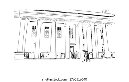 Building view with landmark of Vilnius, Lithuania’s capital, is known for its baroque architecture, seen especially in its medieval Old Town. Hand drawn sketch illustration in vector.