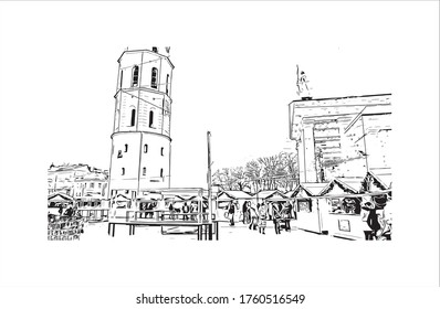 Building view with landmark of Vilnius, Lithuania’s capital, is known for its baroque architecture, seen especially in its medieval Old Town. Hand drawn sketch illustration in vector.
