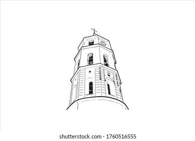 Building view with landmark of Vilnius, Lithuania’s capital, is known for its baroque architecture, seen especially in its medieval Old Town. Hand drawn sketch illustration in vector.