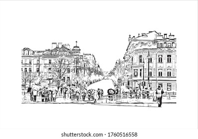 Building view with landmark of Vilnius, Lithuania’s capital, is known for its baroque architecture, seen especially in its medieval Old Town. Hand drawn sketch illustration in vector.