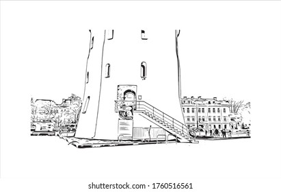 Building view with landmark of Vilnius, Lithuania’s capital, is known for its baroque architecture, seen especially in its medieval Old Town. Hand drawn sketch illustration in vector.