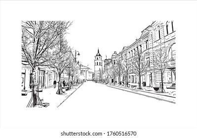 Building view with landmark of Vilnius, Lithuania’s capital, is known for its baroque architecture, seen especially in its medieval Old Town. Hand drawn sketch illustration in vector.