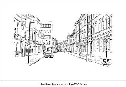 Building view with landmark of Vilnius, Lithuania’s capital, is known for its baroque architecture, seen especially in its medieval Old Town. Hand drawn sketch illustration in vector.