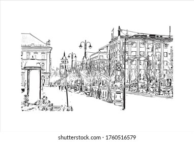 Building view with landmark of Vilnius, Lithuania’s capital, is known for its baroque architecture, seen especially in its medieval Old Town. Hand drawn sketch illustration in vector.