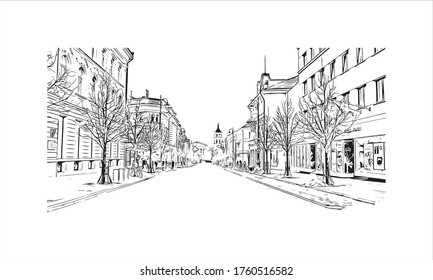 Building view with landmark of Vilnius, Lithuania’s capital, is known for its baroque architecture, seen especially in its medieval Old Town. Hand drawn sketch illustration in vector.
