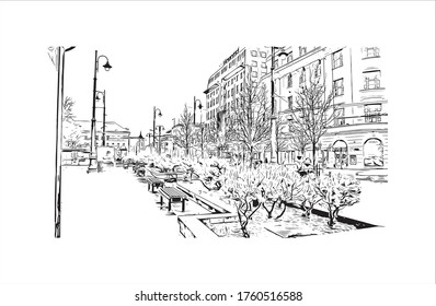 Building view with landmark of Vilnius, Lithuania’s capital, is known for its baroque architecture, seen especially in its medieval Old Town. Hand drawn sketch illustration in vector.