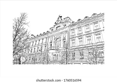 Building view with landmark of Vilnius, Lithuania’s capital, is known for its baroque architecture, seen especially in its medieval Old Town. Hand drawn sketch illustration in vector.
