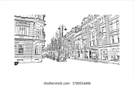 Building view with landmark of Vilnius, Lithuania’s capital, is known for its baroque architecture, seen especially in its medieval Old Town. Hand drawn sketch illustration in vector.