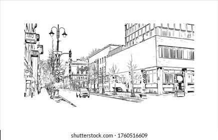 Building view with landmark of Vilnius, Lithuania’s capital, is known for its baroque architecture, seen especially in its medieval Old Town. Hand drawn sketch illustration in vector.
