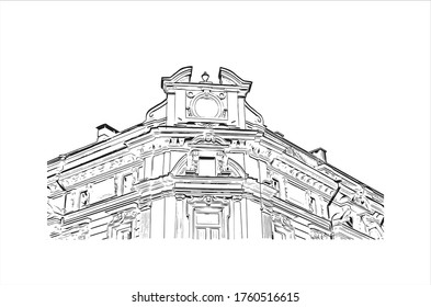 Building view with landmark of Vilnius, Lithuania’s capital, is known for its baroque architecture, seen especially in its medieval Old Town. Hand drawn sketch illustration in vector.