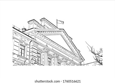 Building view with landmark of Vilnius, Lithuania’s capital, is known for its baroque architecture, seen especially in its medieval Old Town. Hand drawn sketch illustration in vector.