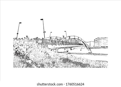 Building view with landmark of Vilnius, Lithuania’s capital, is known for its baroque architecture, seen especially in its medieval Old Town. Hand drawn sketch illustration in vector.