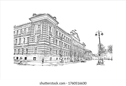 Building view with landmark of Vilnius, Lithuania’s capital, is known for its baroque architecture, seen especially in its medieval Old Town. Hand drawn sketch illustration in vector.