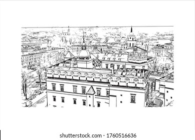 Building view with landmark of Vilnius, Lithuania’s capital, is known for its baroque architecture, seen especially in its medieval Old Town. Hand drawn sketch illustration in vector.