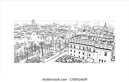 Building view with landmark of Vilnius, Lithuania’s capital, is known for its baroque architecture, seen especially in its medieval Old Town. Hand drawn sketch illustration in vector.