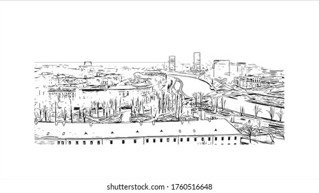 Building view with landmark of Vilnius, Lithuania’s capital, is known for its baroque architecture, seen especially in its medieval Old Town. Hand drawn sketch illustration in vector.