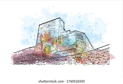 Building view with landmark of Vilnius, Lithuania’s capital, is known for its baroque architecture, seen especially in its medieval Old Town. Watercolor splash Hand drawn sketch illustration vector.