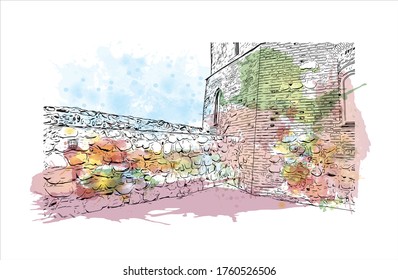 Building view with landmark of Vilnius, Lithuania’s capital, is known for its baroque architecture, seen especially in its medieval Old Town. Watercolor splash Hand drawn sketch illustration vector.