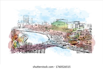 Building view with landmark of Vilnius, Lithuania’s capital, is known for its baroque architecture, seen especially in its medieval Old Town. Watercolor splash Hand drawn sketch illustration vector.