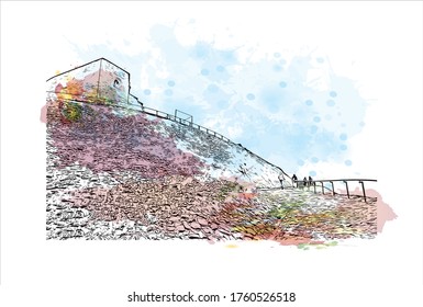 Building view with landmark of Vilnius, Lithuania’s capital, is known for its baroque architecture, seen especially in its medieval Old Town. Watercolor splash Hand drawn sketch illustration vector.
