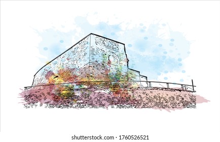 Building view with landmark of Vilnius, Lithuania’s capital, is known for its baroque architecture, seen especially in its medieval Old Town. Watercolor splash Hand drawn sketch illustration vector.