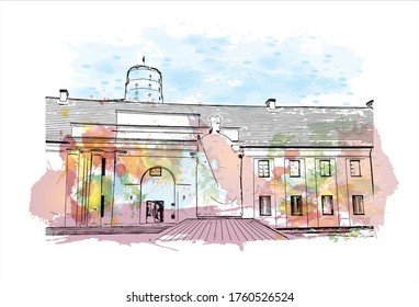 Building view with landmark of Vilnius, Lithuania’s capital, is known for its baroque architecture, seen especially in its medieval Old Town. Watercolor splash Hand drawn sketch illustration vector.