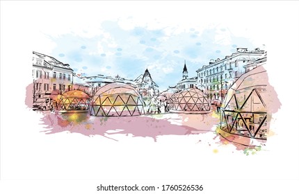 Building view with landmark of Vilnius, Lithuania’s capital, is known for its baroque architecture, seen especially in its medieval Old Town. Watercolor splash Hand drawn sketch illustration vector.