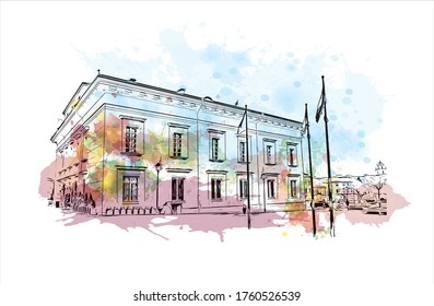 Building view with landmark of Vilnius, Lithuania’s capital, is known for its baroque architecture, seen especially in its medieval Old Town. Watercolor splash Hand drawn sketch illustration vector.