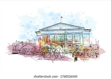 Building view with landmark of Vilnius, Lithuania’s capital, is known for its baroque architecture, seen especially in its medieval Old Town. Watercolor splash Hand drawn sketch illustration vector.