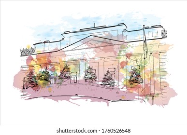 Building view with landmark of Vilnius, Lithuania’s capital, is known for its baroque architecture, seen especially in its medieval Old Town. Watercolor splash Hand drawn sketch illustration vector.