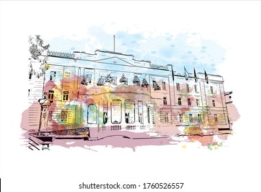 Building view with landmark of Vilnius, Lithuania’s capital, is known for its baroque architecture, seen especially in its medieval Old Town. Watercolor splash Hand drawn sketch illustration vector.