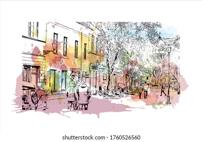 Building view with landmark of Vilnius, Lithuania’s capital, is known for its baroque architecture, seen especially in its medieval Old Town. Watercolor splash Hand drawn sketch illustration vector.