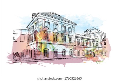 Building view with landmark of Vilnius, Lithuania’s capital, is known for its baroque architecture, seen especially in its medieval Old Town. Watercolor splash Hand drawn sketch illustration vector.