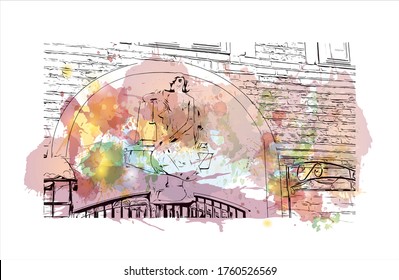 Building view with landmark of Vilnius, Lithuania’s capital, is known for its baroque architecture, seen especially in its medieval Old Town. Watercolor splash Hand drawn sketch illustration vector.