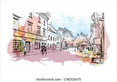 Building view with landmark of Vilnius, Lithuania’s capital, is known for its baroque architecture, seen especially in its medieval Old Town. Watercolor splash Hand drawn sketch illustration vector.
