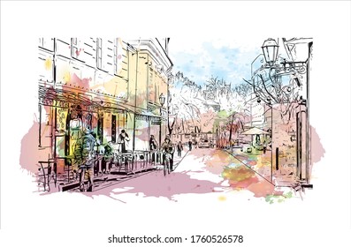 Building view with landmark of Vilnius, Lithuania’s capital, is known for its baroque architecture, seen especially in its medieval Old Town. Watercolor splash Hand drawn sketch illustration vector.