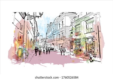 Building view with landmark of Vilnius, Lithuania’s capital, is known for its baroque architecture, seen especially in its medieval Old Town. Watercolor splash Hand drawn sketch illustration vector.