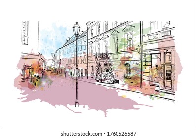Building view with landmark of Vilnius, Lithuania’s capital, is known for its baroque architecture, seen especially in its medieval Old Town. Watercolor splash Hand drawn sketch illustration vector.