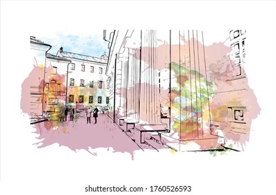 Building view with landmark of Vilnius, Lithuania’s capital, is known for its baroque architecture, seen especially in its medieval Old Town. Watercolor splash Hand drawn sketch illustration vector.