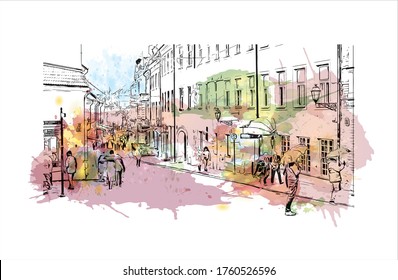 Building view with landmark of Vilnius, Lithuania’s capital, is known for its baroque architecture, seen especially in its medieval Old Town. Watercolor splash Hand drawn sketch illustration vector.