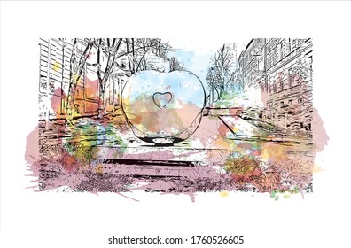 Building view with landmark of Vilnius, Lithuania’s capital, is known for its baroque architecture, seen especially in its medieval Old Town. Watercolor splash Hand drawn sketch illustration vector.