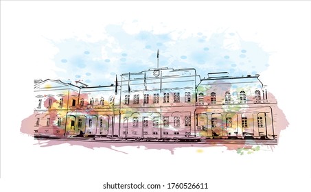 Building view with landmark of Vilnius, Lithuania’s capital, is known for its baroque architecture, seen especially in its medieval Old Town. Watercolor splash Hand drawn sketch illustration vector.