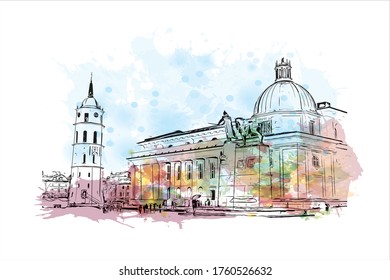 Building view with landmark of Vilnius, Lithuania’s capital, is known for its baroque architecture, seen especially in its medieval Old Town. Watercolor splash Hand drawn sketch illustration vector.