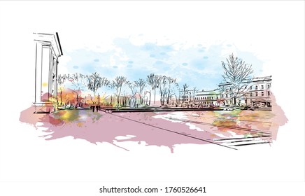 Building view with landmark of Vilnius, Lithuania’s capital, is known for its baroque architecture, seen especially in its medieval Old Town. Watercolor splash Hand drawn sketch illustration vector.