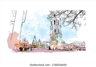 Building view with landmark of Vilnius, Lithuania’s capital, is known for its baroque architecture, seen especially in its medieval Old Town. Watercolor splash Hand drawn sketch illustration vector.