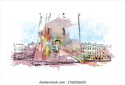 Building view with landmark of Vilnius, Lithuania’s capital, is known for its baroque architecture, seen especially in its medieval Old Town. Watercolor splash Hand drawn sketch illustration vector.