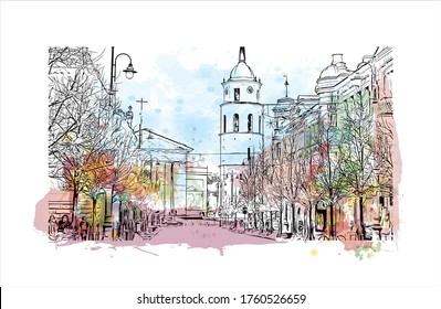 Building view with landmark of Vilnius, Lithuania’s capital, is known for its baroque architecture, seen especially in its medieval Old Town. Watercolor splash Hand drawn sketch illustration vector.